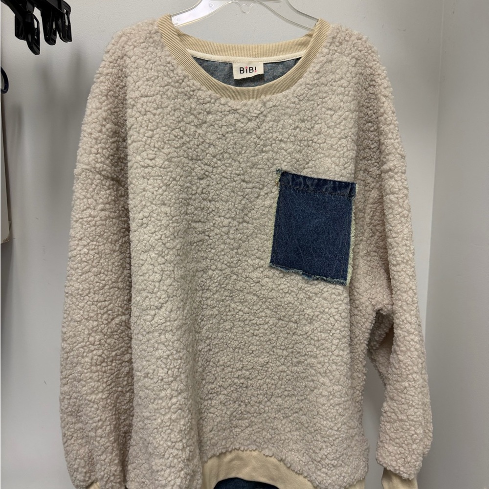 BiBi Cream Sherpa Pullover with Denim back